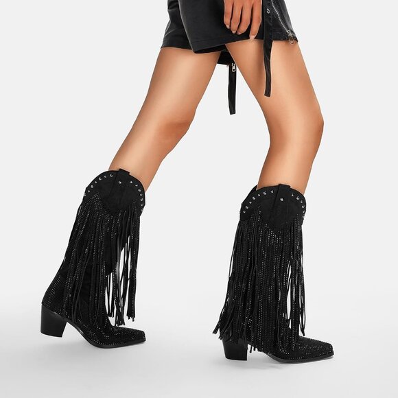 Black Rhinestone Fringe Cowgirl Boots Women Sparkly Western Pointed Toe Heel - Picture 5 of 7